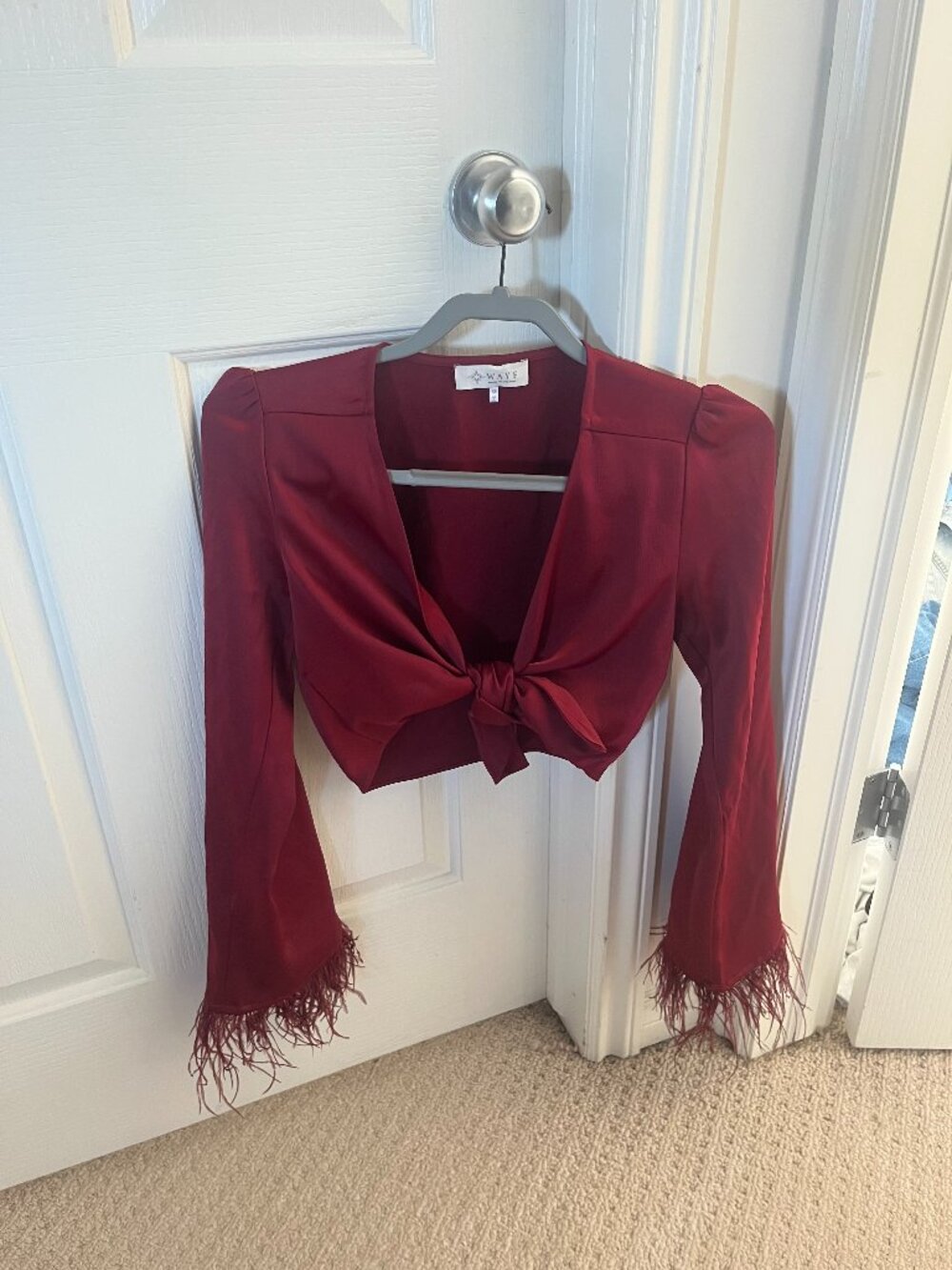 WAYF Gatlin Satin Tie-Front Feather-Cuff Top